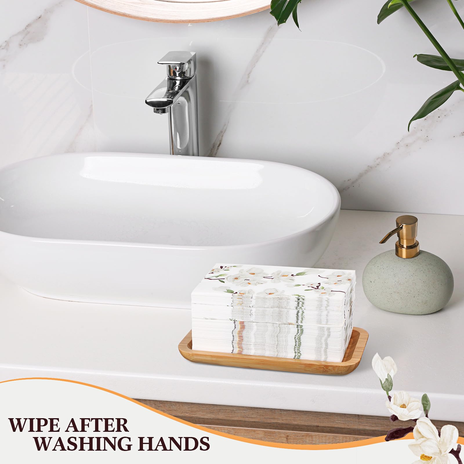 Outus 200 servilletas de flores blancas con magnolia para invitados, 3 capas, servilletas de mano desechables para baño, servilletas de papel decorativas para bodas, fiestas (plegadas de 7.9 x 4.3
