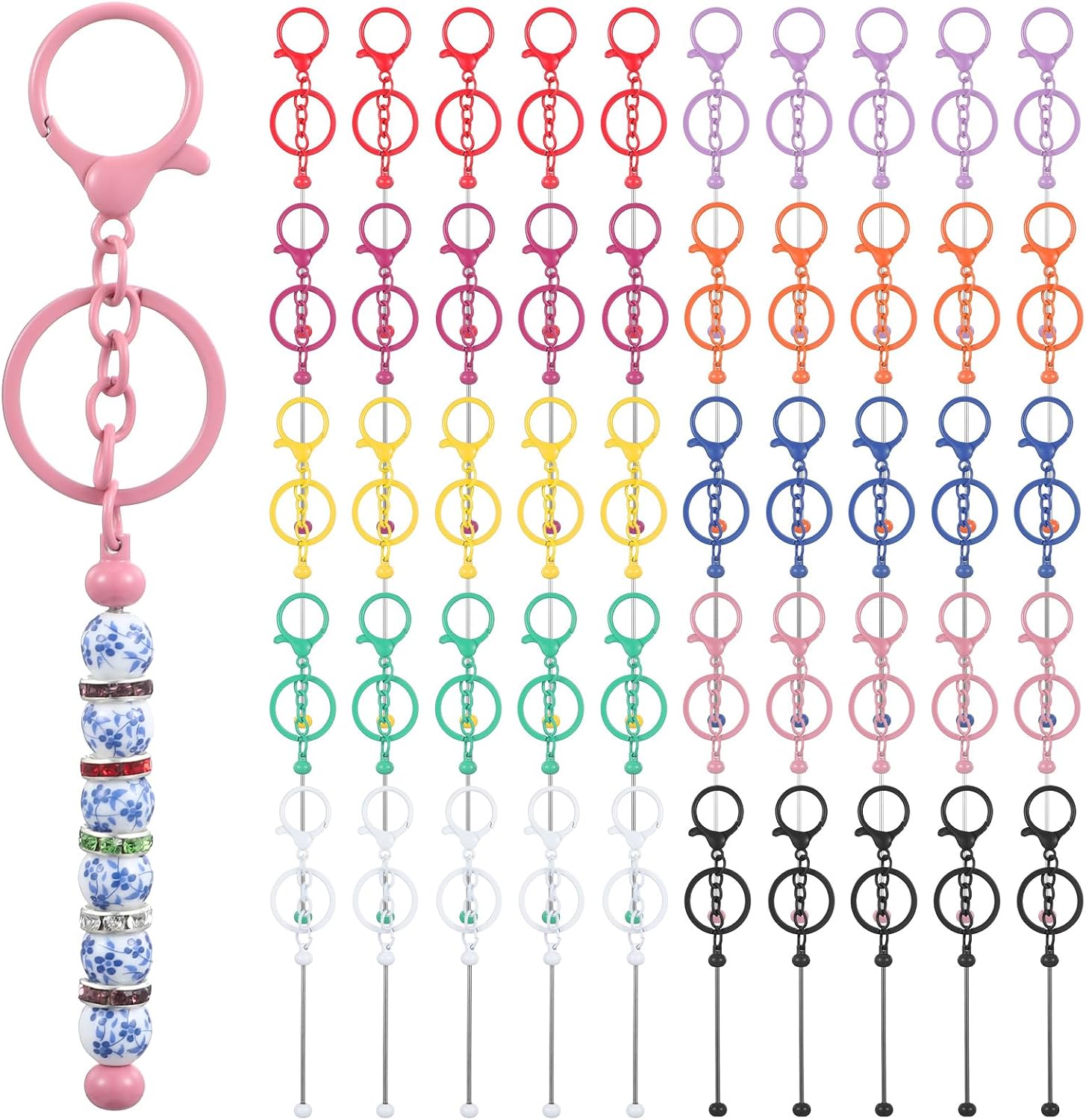 50 Pcs Beadable Keychains - 10 Colors Blank Beaded Keychain, Bead Keychains Making Bulk Kit Accessories, Beadable Keychain Bars for DIY Crafts, Jewelry and Bag Charms