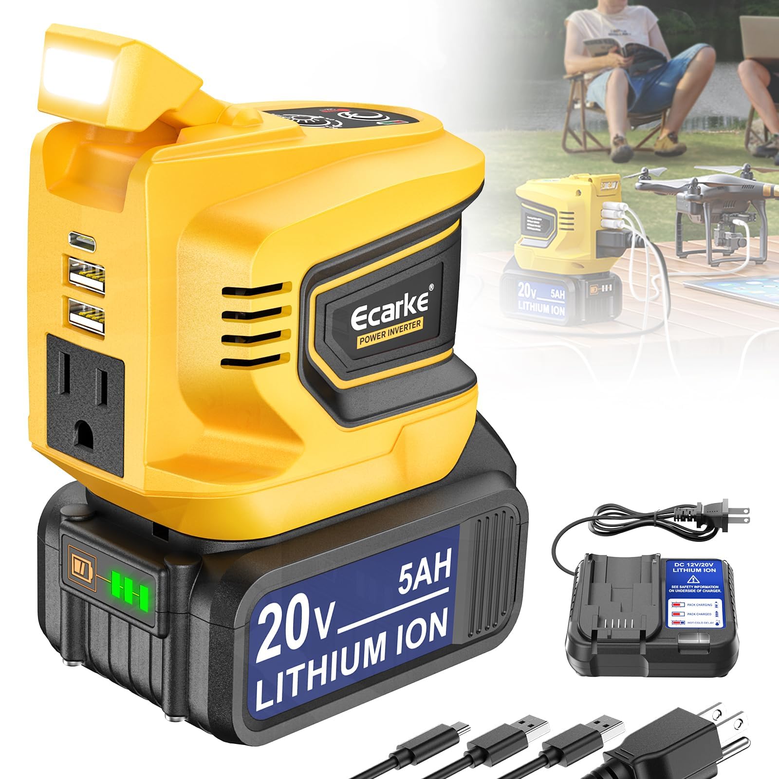 Power Inverter 200W Portable Power Station Generator Compatible with DeWALT, Ecarke Real 200W Supply Charger Adapter with Dual USB,AC Outlet and Type-C with 5Ah Battery &amp; Charger Station Kit