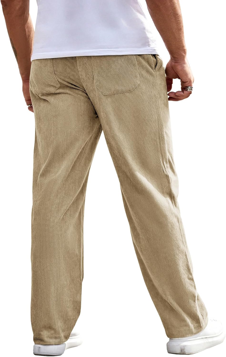 Runcati Mens Corduroy Pants Elastic Waist Straight Leg Casual Pleated Pants with Pockets - Image 3