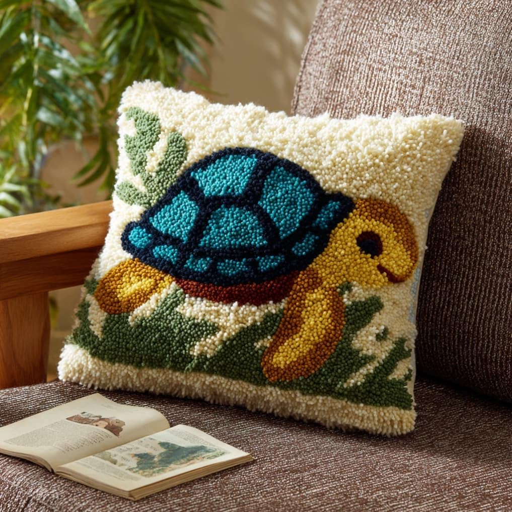 WallustrioaW Latch Hook Pillow Case Kits,Tortoise 17X17 Inch Latch Hook Cushion Cover Kit,Knitting Kits Cushion for Adults Rug Making Kit for Starters