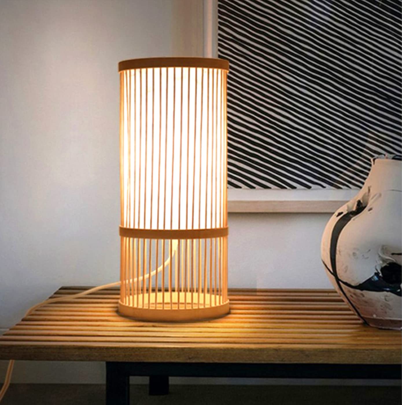 GUANSHAN Bamboo Table Lamp Lantern Table Lamp Decorative Table Lighting Rustic Night Light Bedside Lamp Mood Light for Bedroom, Living Room, Hotel