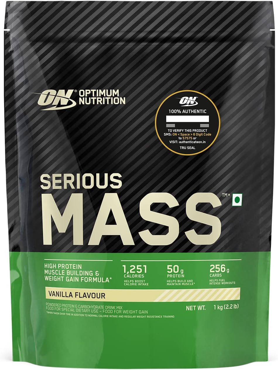 Optimum Nutrition (ON) Serious Mass High Protein High Calorie Weight Gainer Powder - 1 kg (Vanilla) with Vitamins and Minerals, Vegetarian