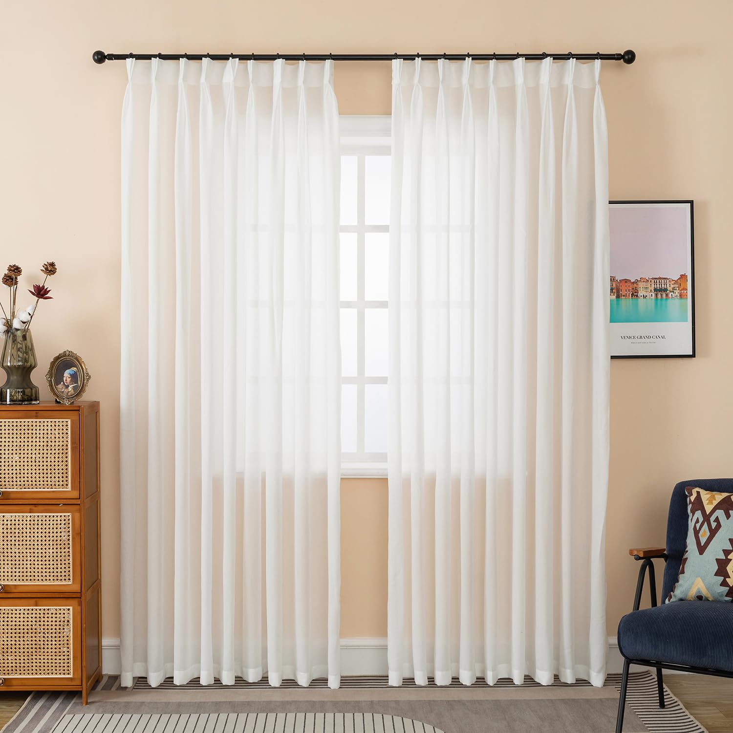 Photo 1 of LUGOTAL 96 Inches Long Pinch Pleated Curtains White Semi Sheer Light Filtering Window Curtains for Living Room Bedroom 1 Panel Sliding Glass Door for Pinch Pleat Drapes, W52 x L96