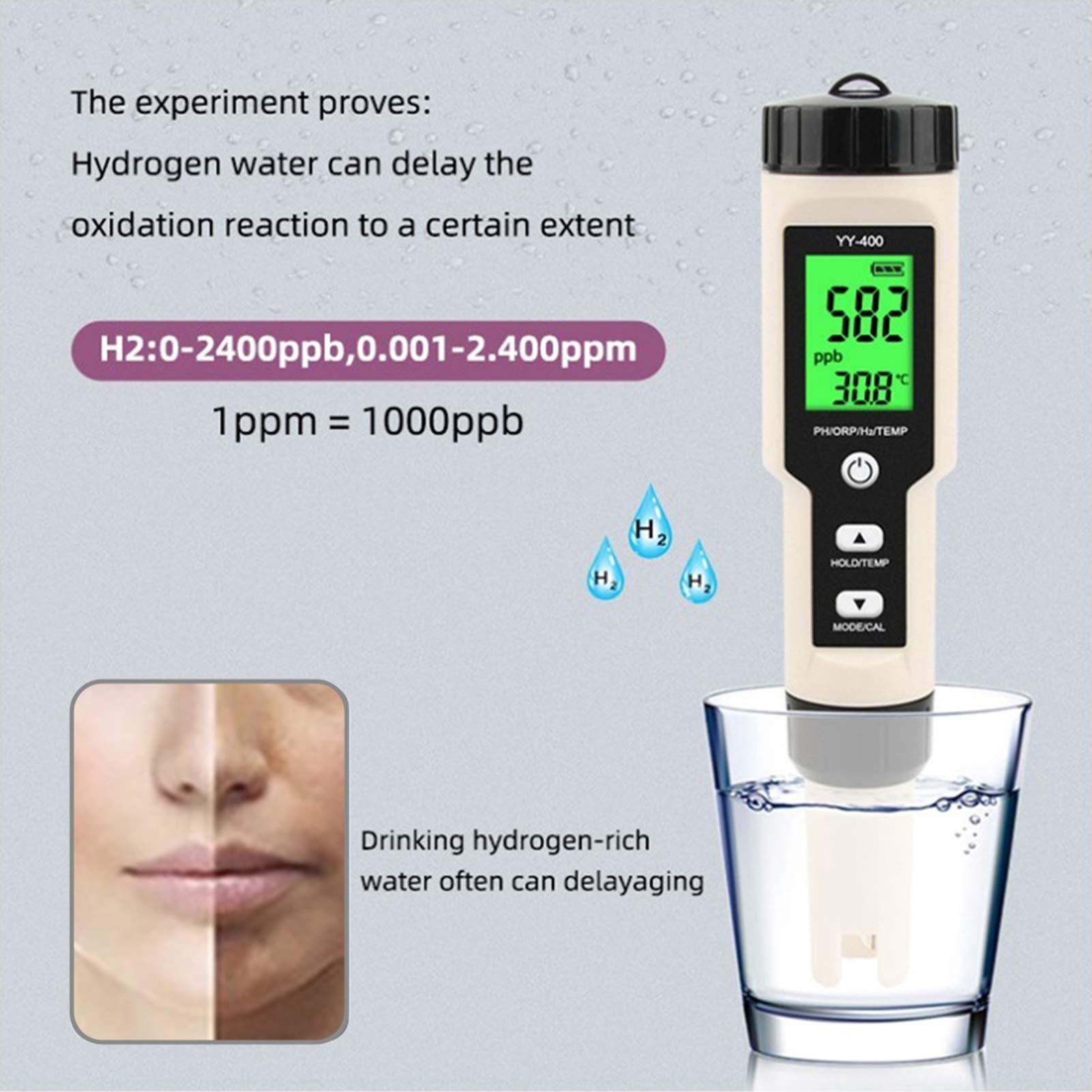 Testeur multifonctionnel de moniteur de qualité de l'eau, testeur de température portable 4 en 1 PH ORP H2, affichage numérique LCD, testeur d'eau idéal pour piscine/eau