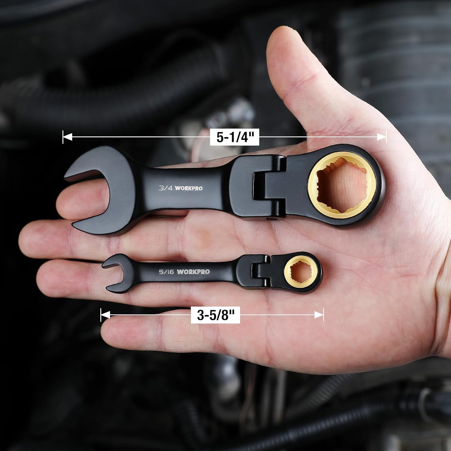 WORKPRO 8-Piece Stubby Anti-slip Ratcheting Combination Wrench Set, SAE 5/16-3/4 in, 72-Teeth, CRV, Black Electrophoretic Coating, Flex-Head Wrench Set with Rolling Pouch
