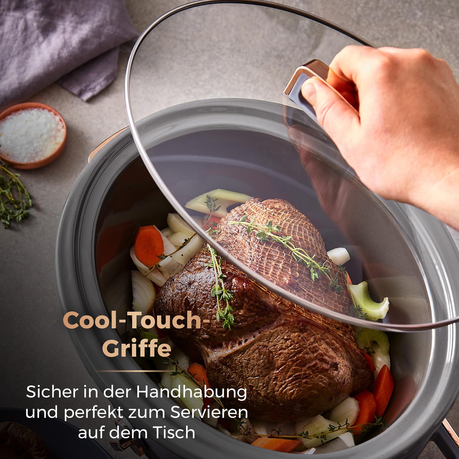 Tower T16043GRY Cavaletto 6,5 Liter Schongarer mit 3 Wärmestufen, Cool Touch Griffe, Grau und Roségold
