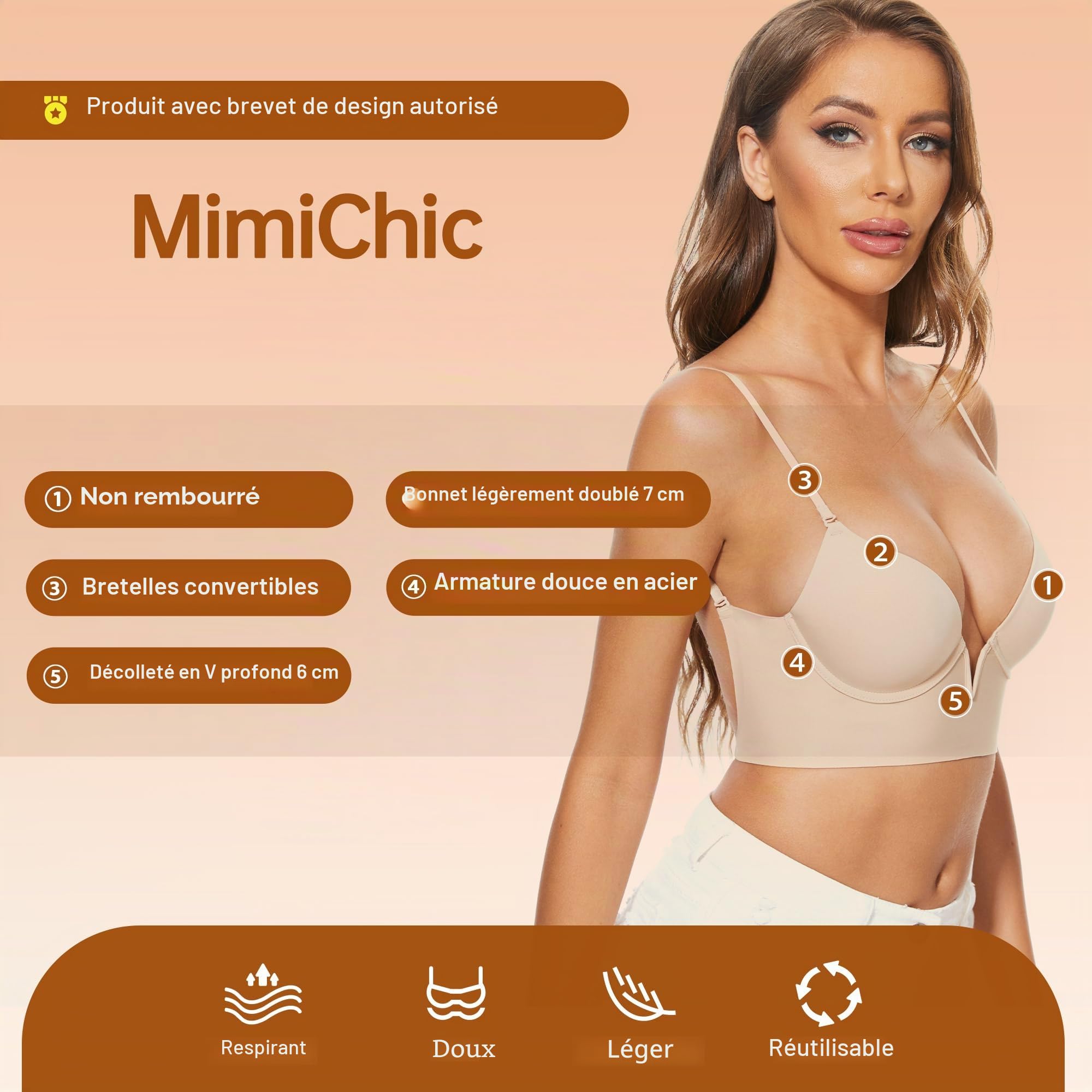 Soutien Gorge Dos Nu-Invisible V Profond Multiples et Transparent Convertibles Soutien Gorge sans Coutures à Léger Rembourrage