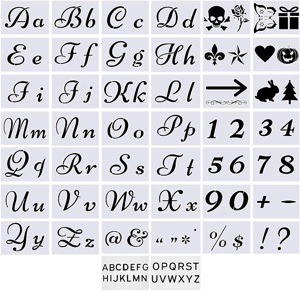 Letter Stencils for Painting on Wood - Bundle with Adhesive - Alphabet with Calligraphy Font Upper and Lowercase Letters