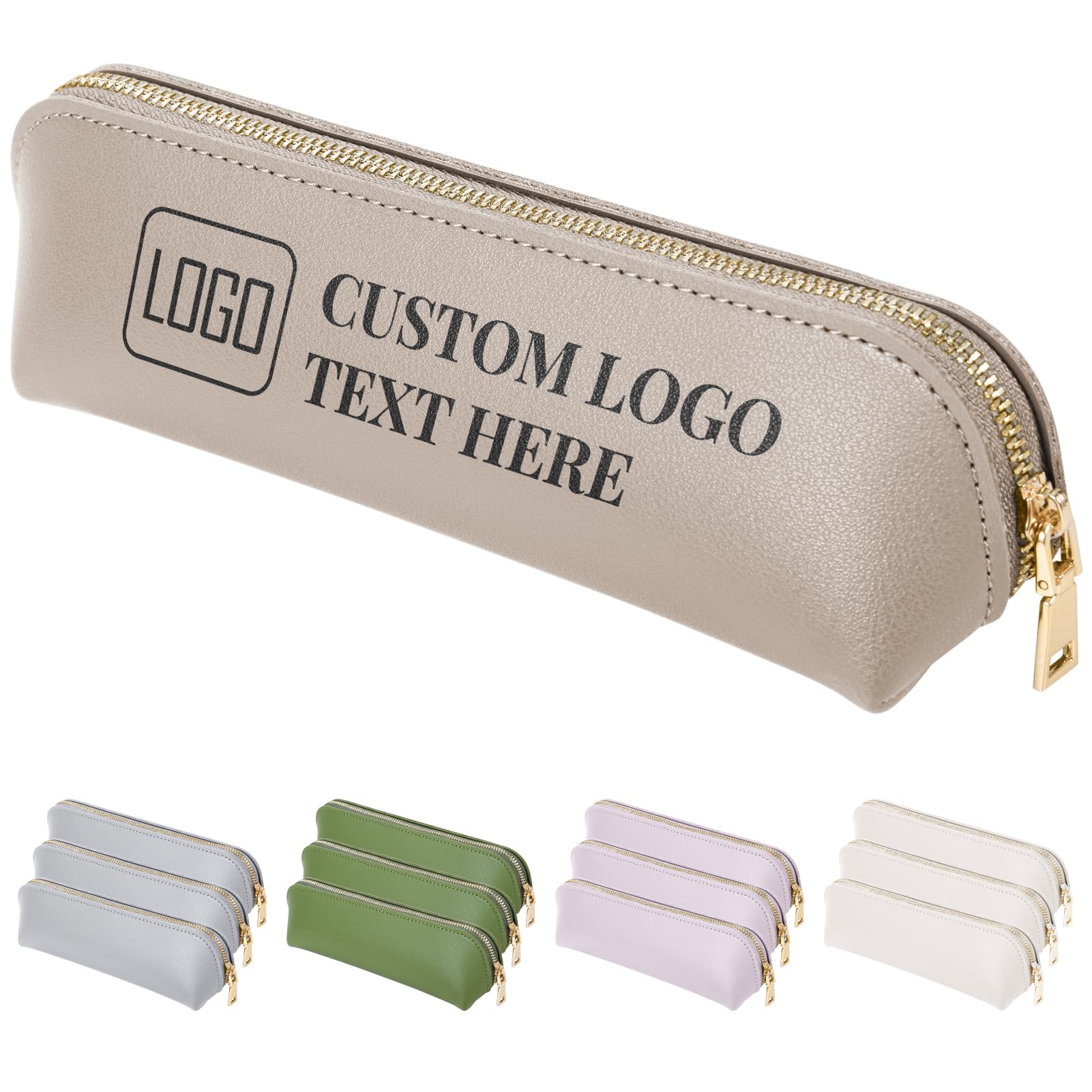 Fyore 30 Pack Personalised Pencil Case with Logo Text - Bulk Custom Leather Slim Pen Bag with Metallic Zipper for Students & Office