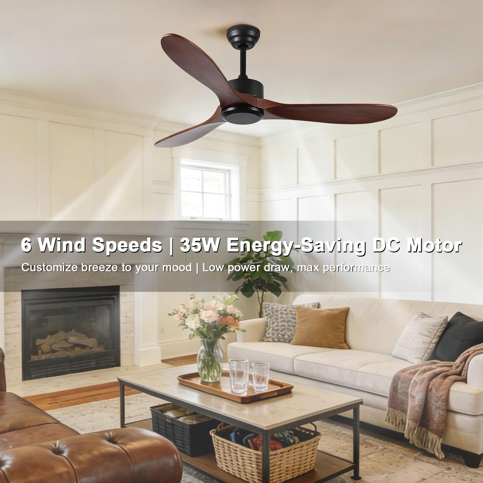 Ventiladores de Techo Inteligentes Modernos con Control Remoto/aplicación/Voz, 6 velocidades, silenciosos, de Madera, sin Luces, de Perfil bajo, para Dormitorio/casa de Campo/Patio