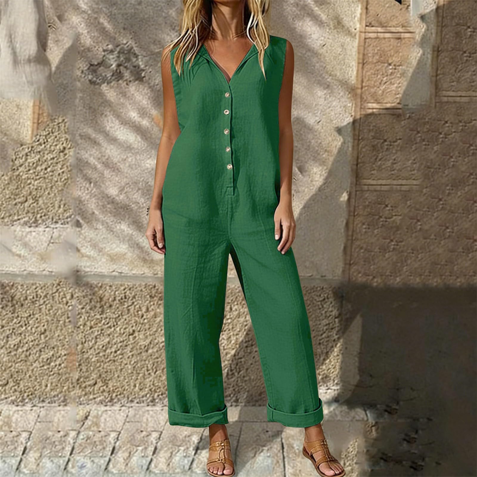 KQIVAM Combinaison Pantalon Fluide Femmes Sans Manches avec Bandage Taille Haute Combishort Femme Chic avec Poches Style Bohe Texture Douce Aérée et Respirante pour Maison et Détente Quotidienne