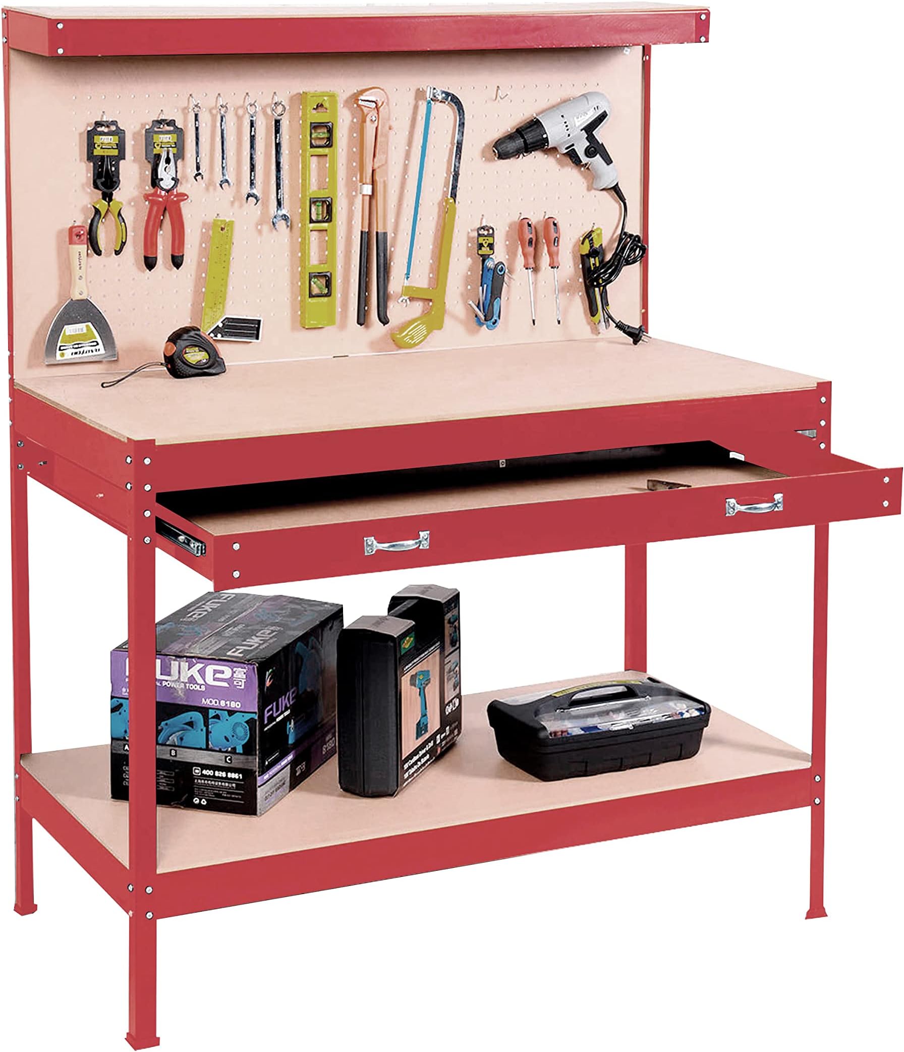 Neo Workbench Metal Steel Work Bench Benches Table Heavy Duty Steel Peg Pegboard Drawer Tool Shed Garage Storage Workshop Woodwork DIY Large (Red)