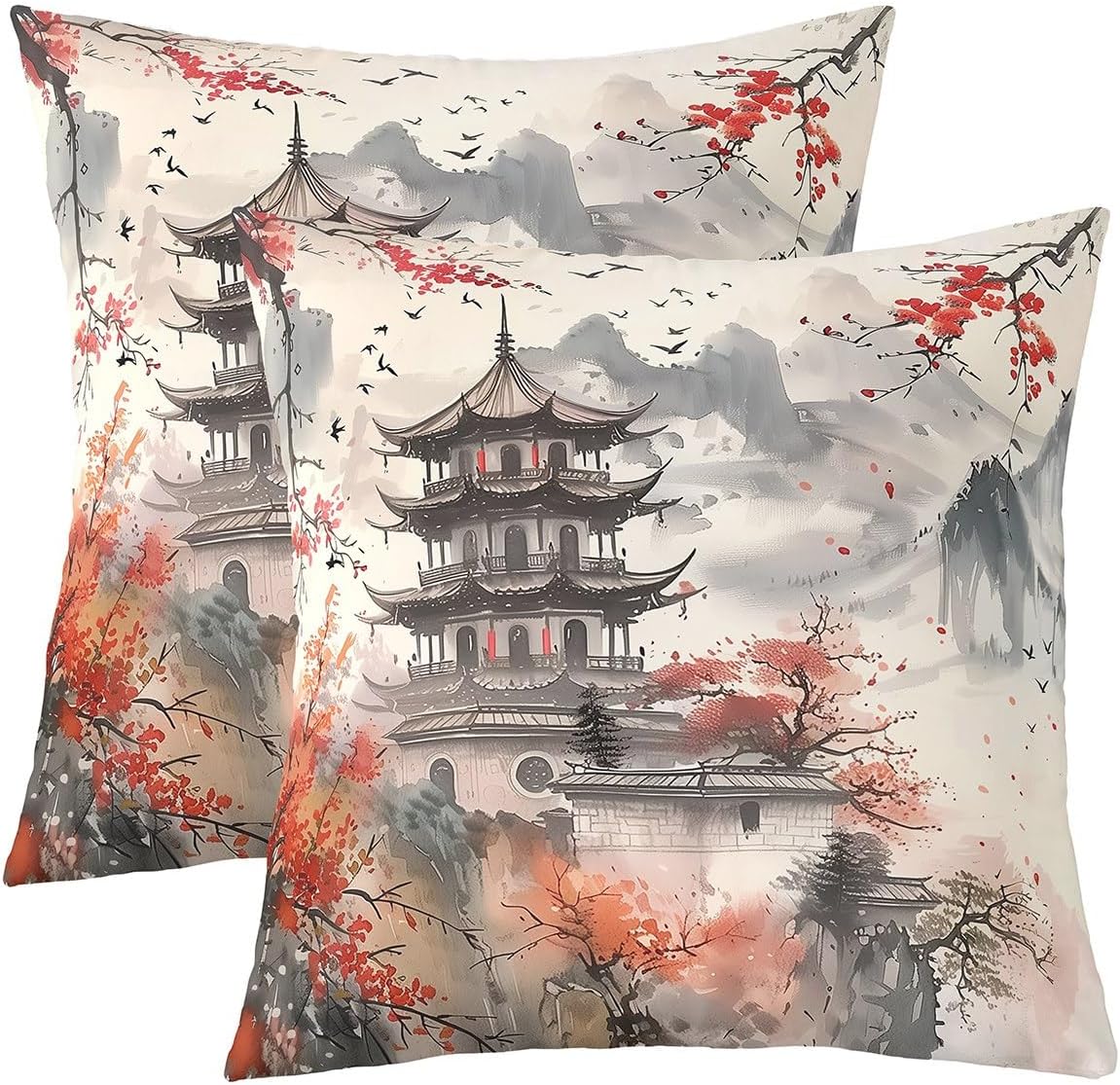 Erosebridal Set of 2 Pavilions Decorative Pillowcases 24x24 Inch Japanese Cushion Covers for Teens Adults Floral Mountain Anime Chinese Ink White Red Cushion Cases Soft Throw Pillow Covers