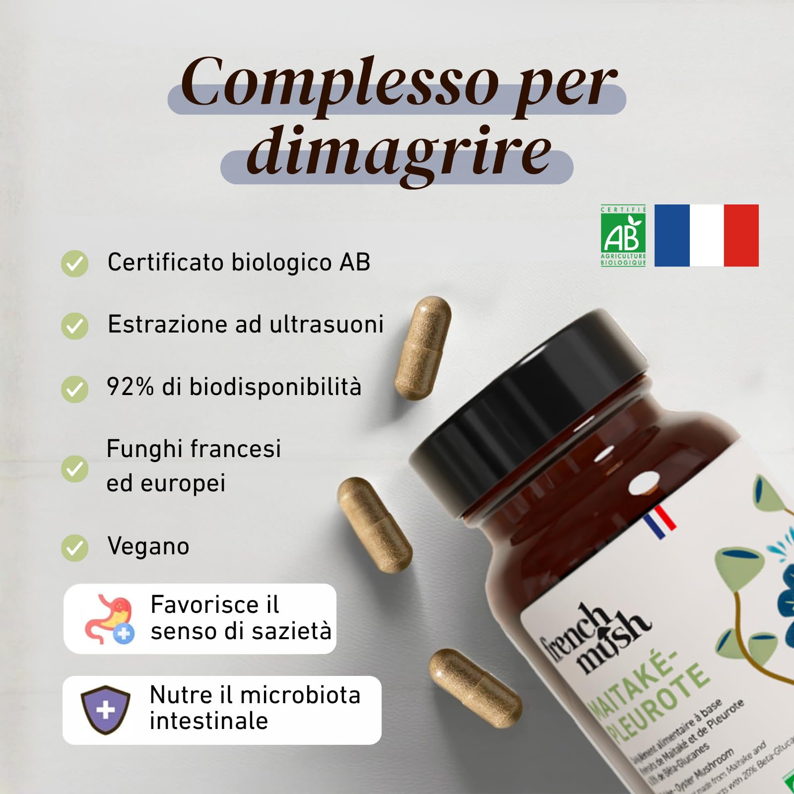 French Mush Duo Maitake & Pleurotus Bio – 56 Capsule Vegane - Digestione e Metabolismo - Estratti Concentrati 50/50 (20% Beta-Glucani) - 2 Capsule/Giorno - 100% Bio e Prodotto in Francia