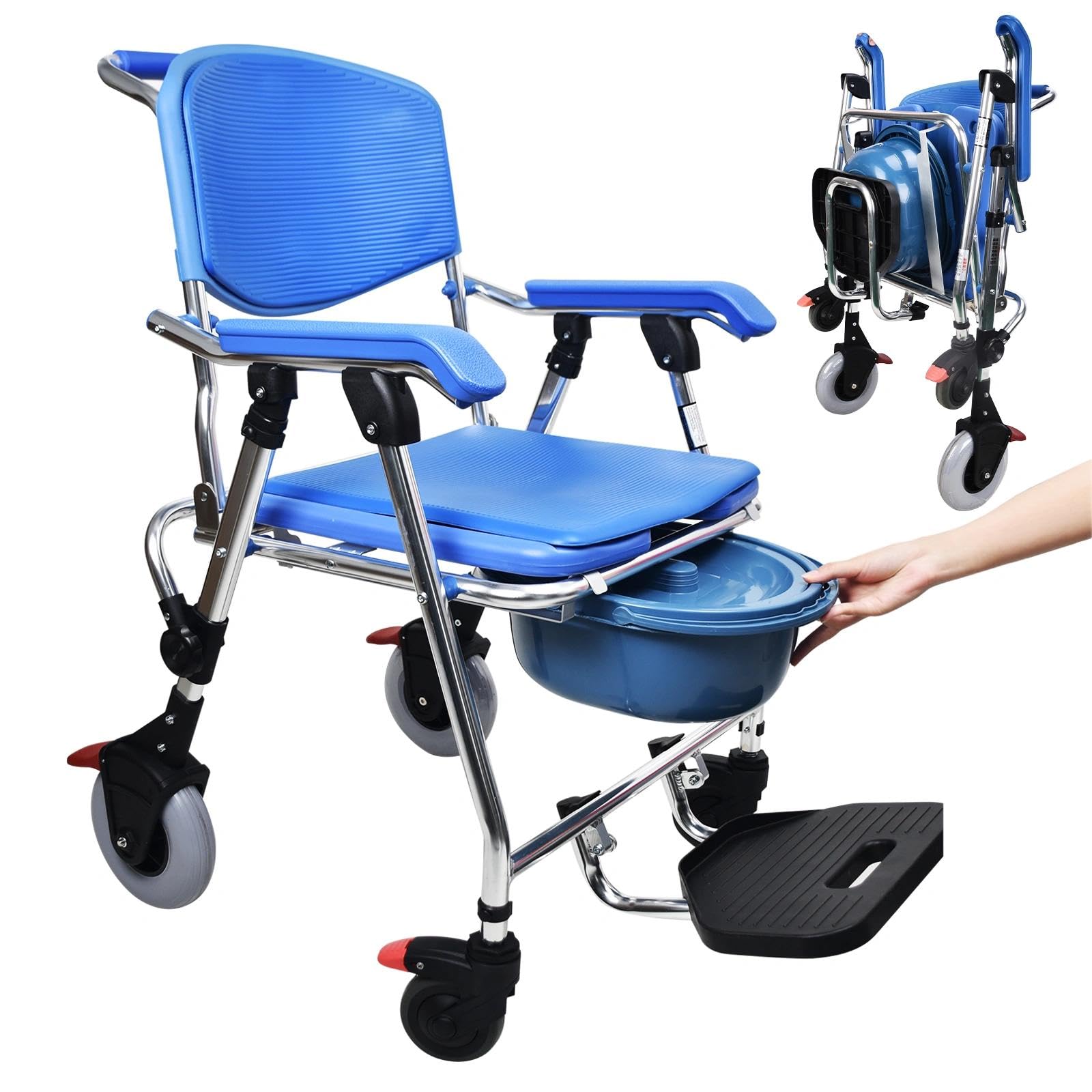 Sedia Comoda WC per Anziani con Rotelle, 3-in-1 Sedia a Rotelle Pieghevole per Anziani con WC, 150kg Blu Sedia Doccia Disabili con Ruote e Morbido Cuscino