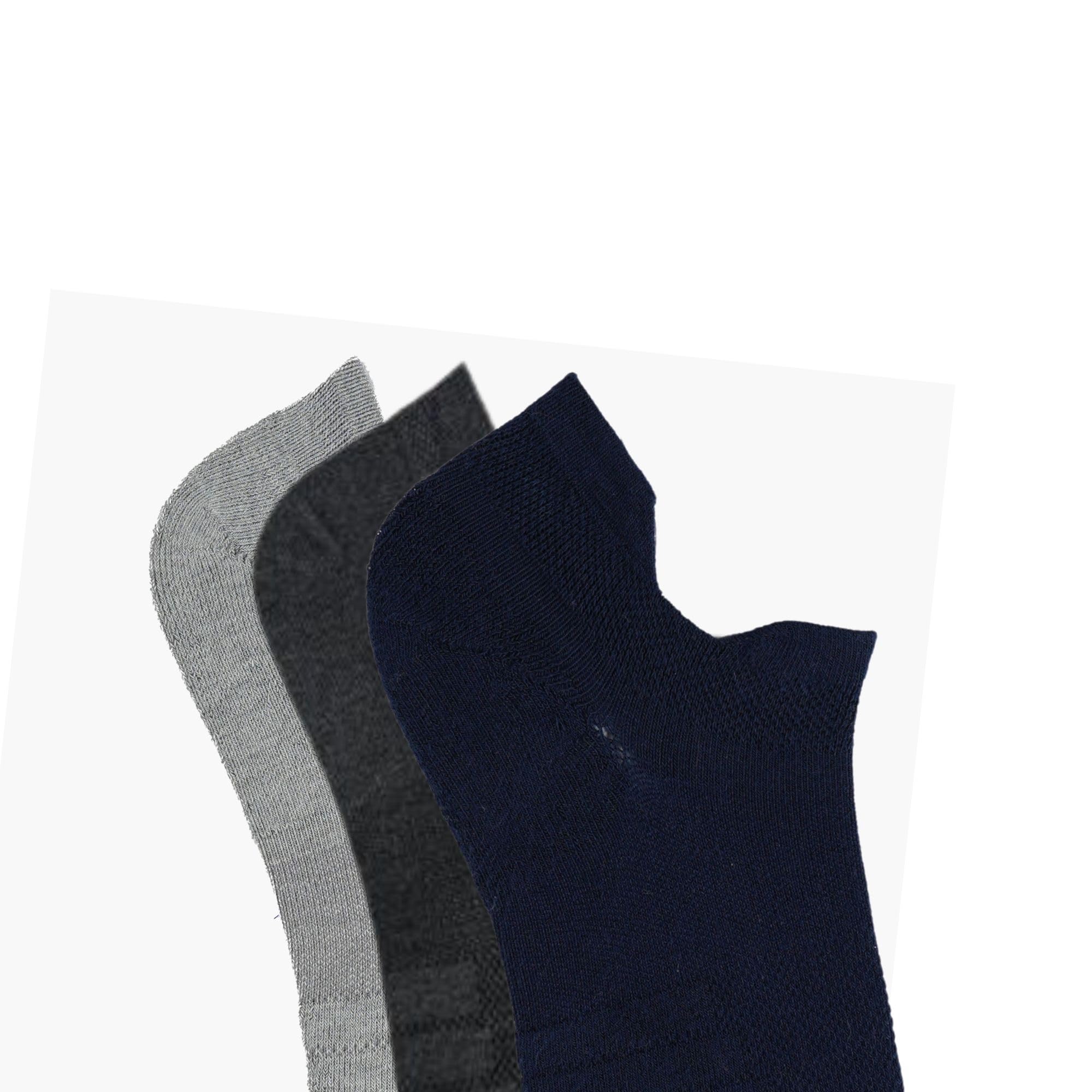 BALENZIA Calcetines de algodón y elastano para hombre, para gimnasio, deportes, correr, con tecnología Coolmax, tejido de malla y silicona antideslizante, paquete de 3 (L, gris, gris, azul marino),