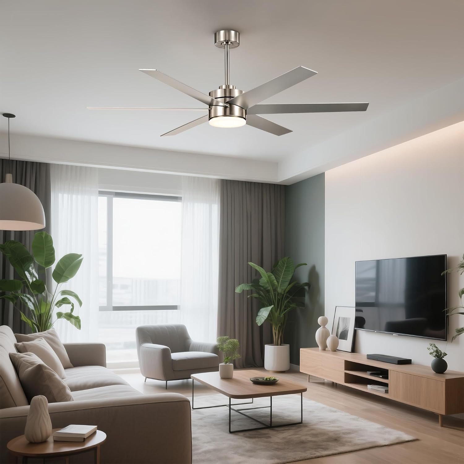 Edvivi 62 Inch LED Ceiling Fan with Lights and Remote Control, Low Profile with 6 Dual Finish Blades, 6-Speed Noiseless Reversible DC Motor, Brushed Nickel for Bedroom Living Room Indoor/Outdoor Use