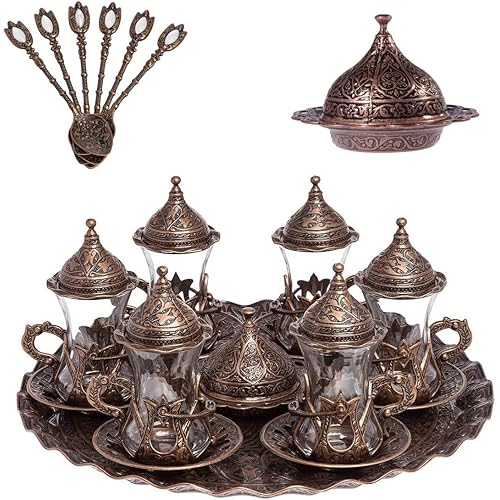 Alisveristime Handmade Turkish Tea Water Zamzam Serving Set Glasses Saucer, Tray and Spoon (Copper)