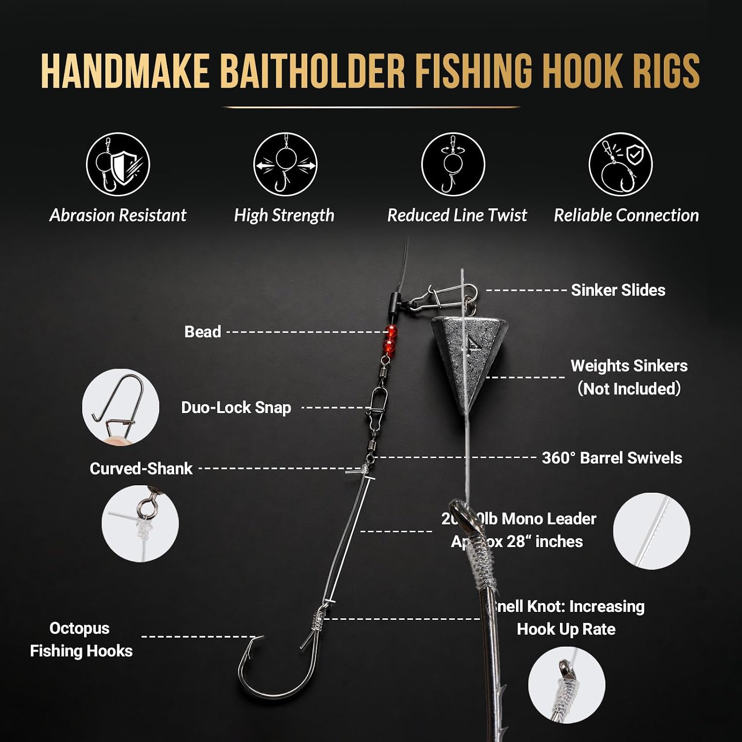 Pre-Tied Octopus Hook Surf Fishing Rigs, 5/10 Pack 24" 20lb NT40 | High Carbon Steel Offset Hooks with Heavy-Duty Barrel Swivel for Catfish, Striped Bass, Red Drum, Grouper, Snapper