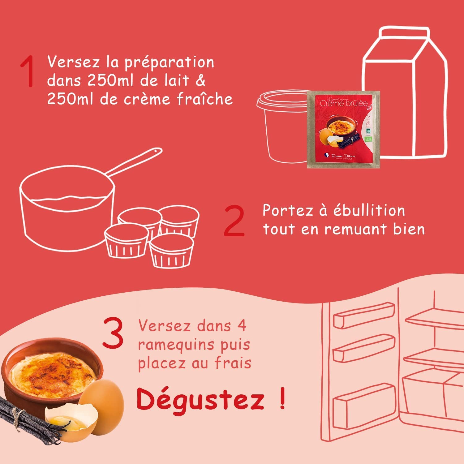 FRANCE DÉLICES - Préparation Pour Crème Brûlée Bio - Dessert Gourmand Et Naturel - Prêt En 5min - Fabrication Artisanale En France - Sans Gluten - 4 Pers. - 10 Sachets De 40g