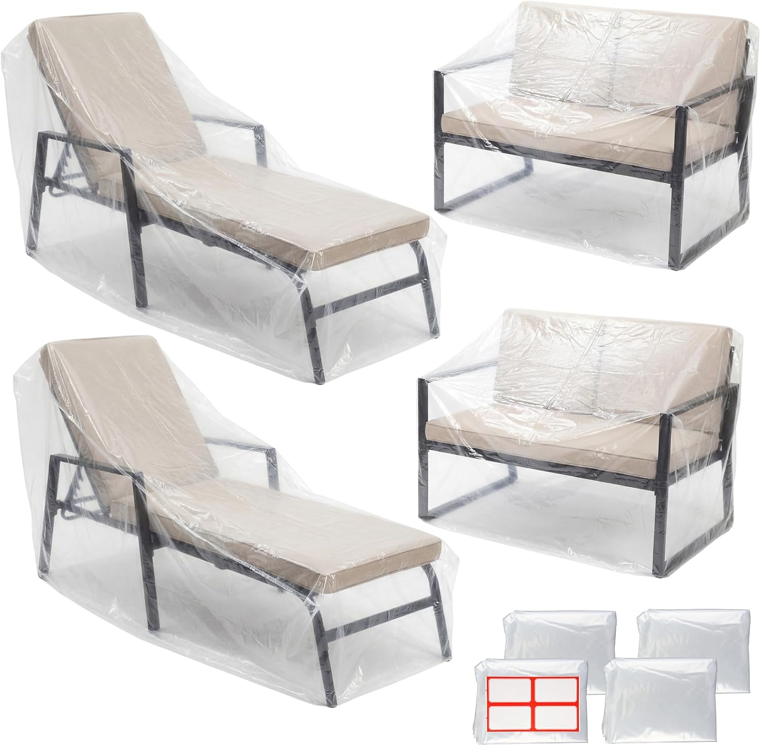 Windyun 4 Pack Patio Chaise Lounge Cover for Furniture, Outdoor Waterproof Loveseat Bench Cover, Clear Plastic Couch Chair Slipcovers Dustproof for Sofa Moving Storage Protector