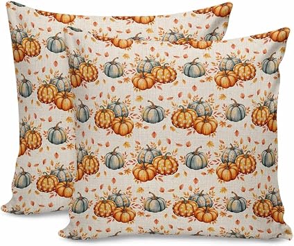 Fall Throw Pillow Covers 20x20 Inch Set of 2 Orange Pumpkins Decorative Pillows Cushion Case Thanksgiving Pillowcases Autumn Maple Leaves Linen Throw Pillows for Couch Sofa Bed Chair Autumn Decor