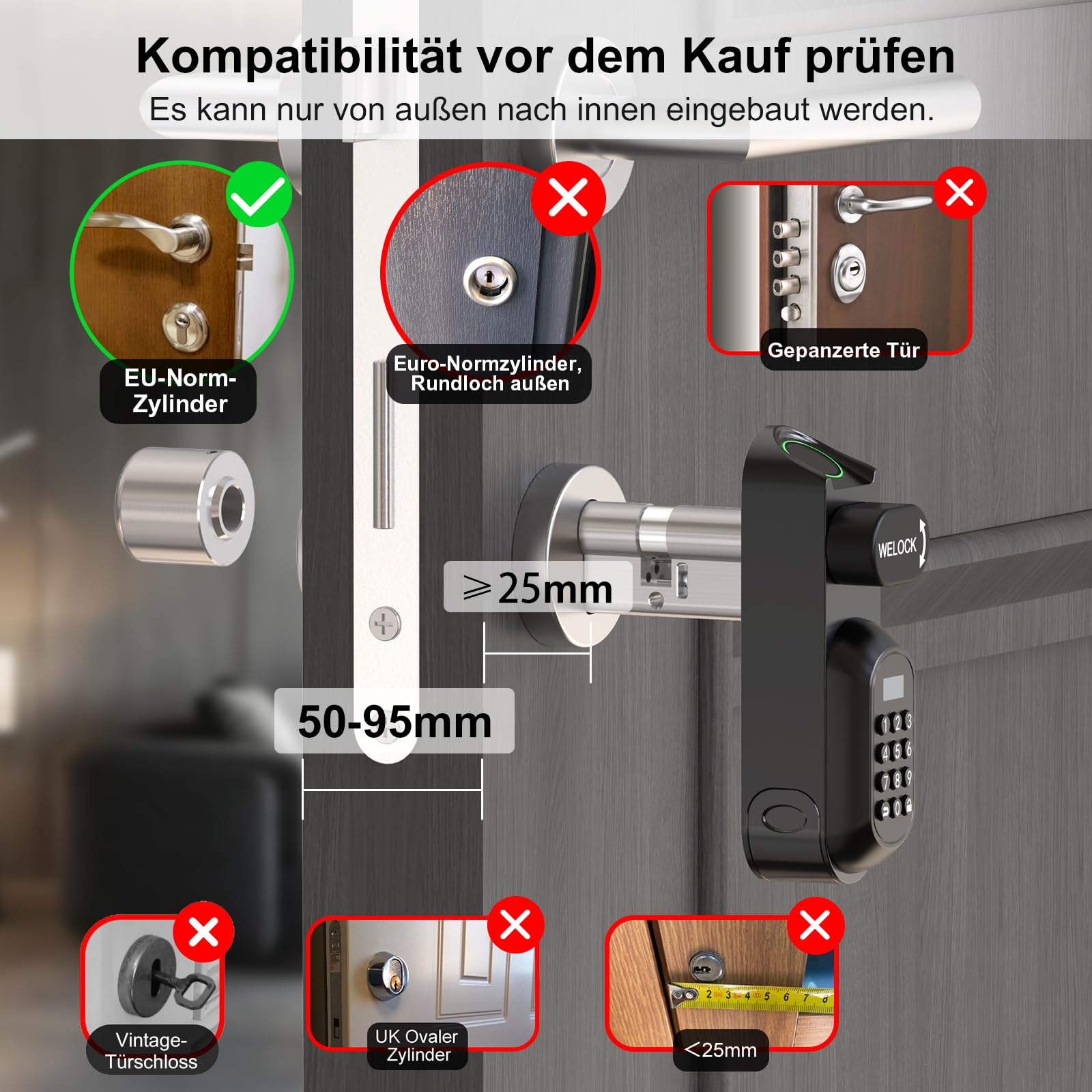 WELOCK U81 Cerradura de puerta con huella dactilar, contraseña, inteligente, con aplicación y tarjeta RFID, pieza de repuesto para llave mecánica, cerradura electrónica para puerta de perfil de 50-90