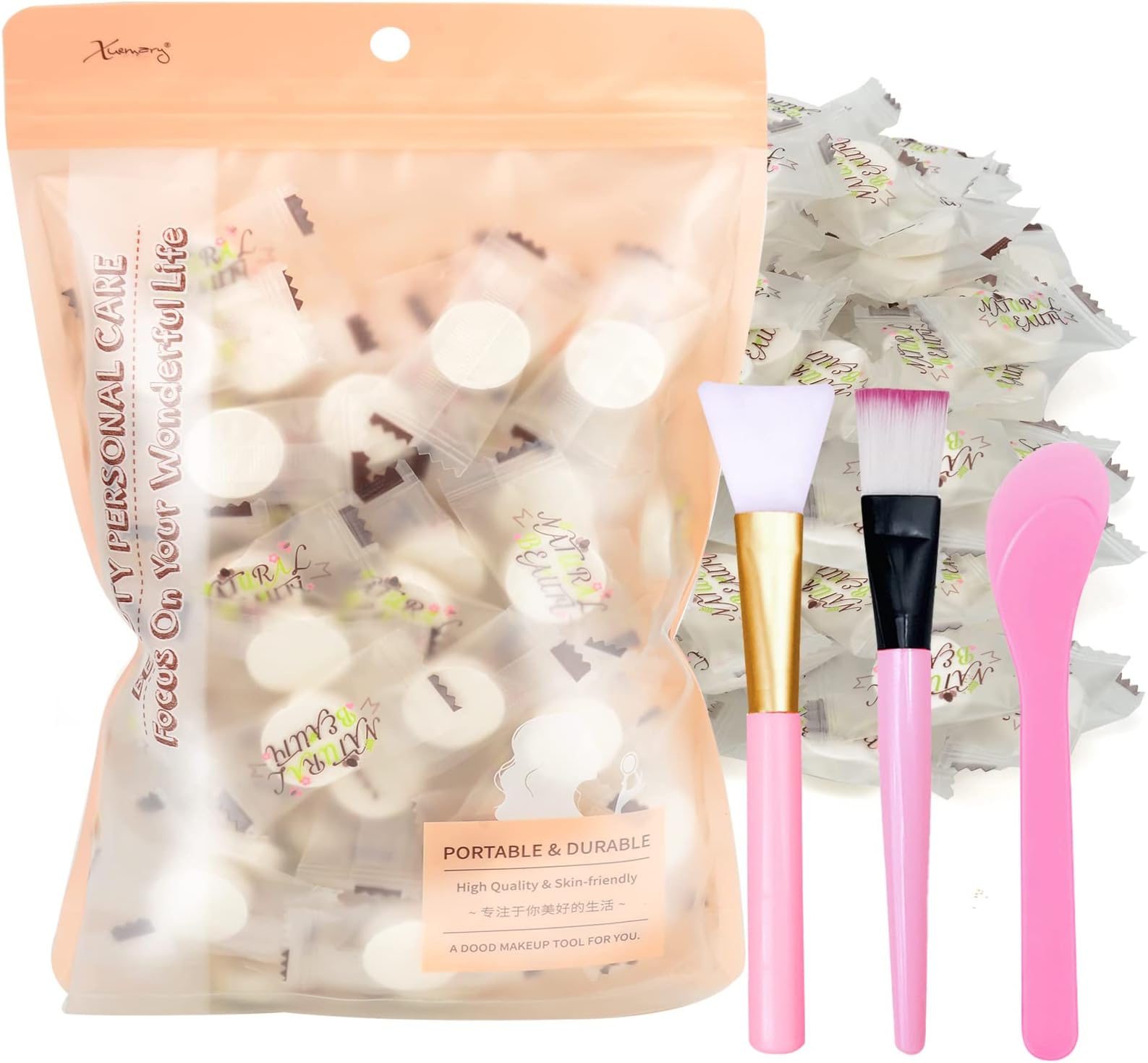 100 PCS DIY Cotton Compressed Facial Mask Sheet Grain, Dry Cotton Mask Paper with Mask Bowl, Stick, Silicone Brush, Soft Bristle Brush