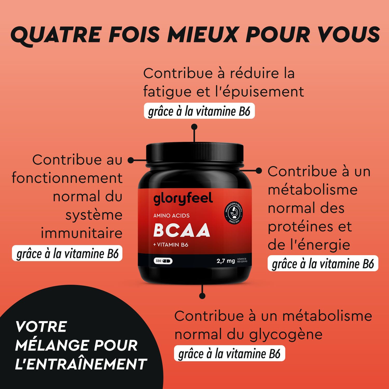 BCAA (330 Capsules), Acides Aminés Essentiels Fortement Dosée, Contient Leucine, Valine et Isoleucine avec Vitamine B6, Hautement Biodisponible, Contre la Fatigue*, Sans Arômes et Additifs