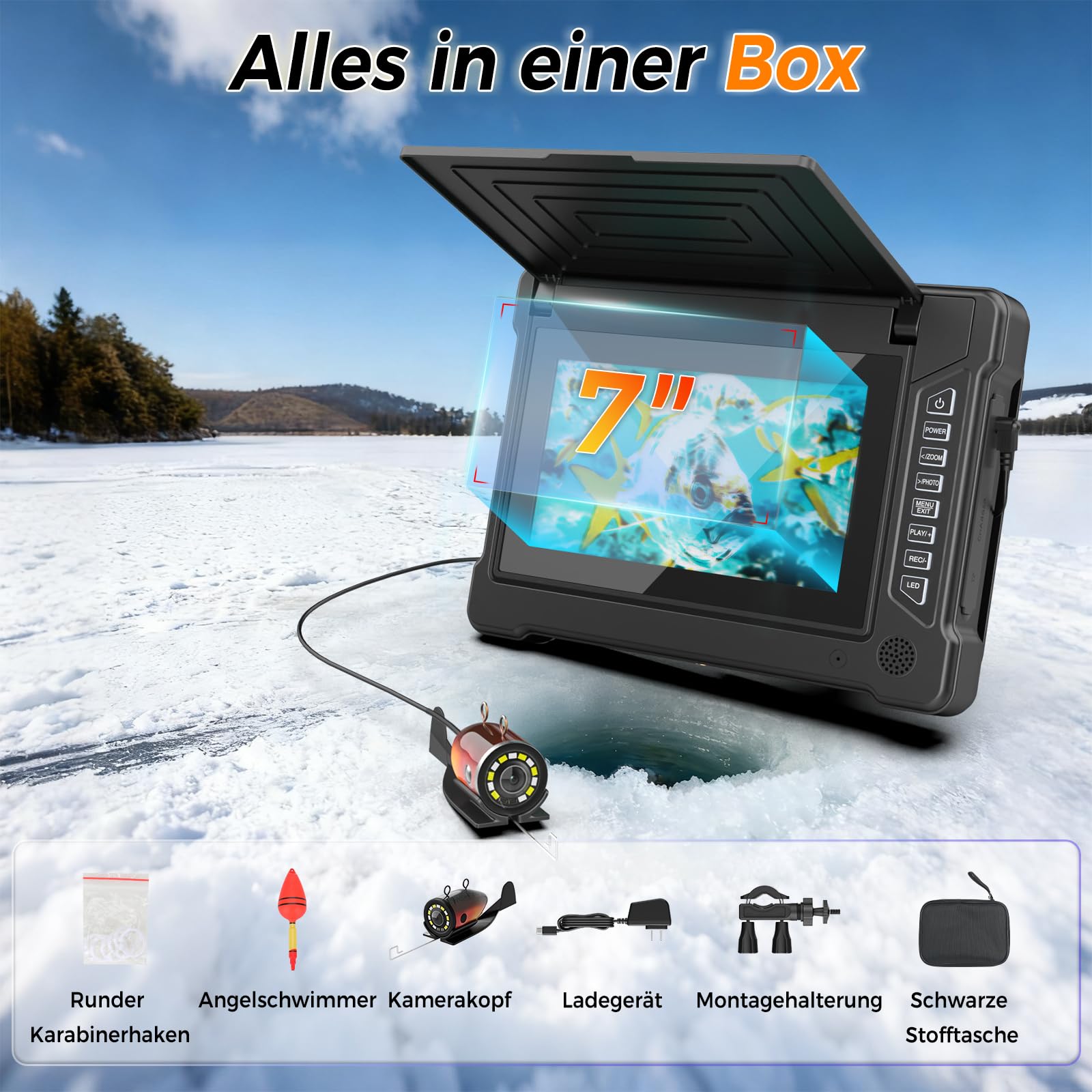 Fischfinder Unterwasserkamera Angeln mit IR Nachtsicht, 165° Weitwinkel, IP68 Wasserdict Fish Finder für Meeresangeln Fluss Angeln Eisfischen, 10h Arbeitstime,15m Linie