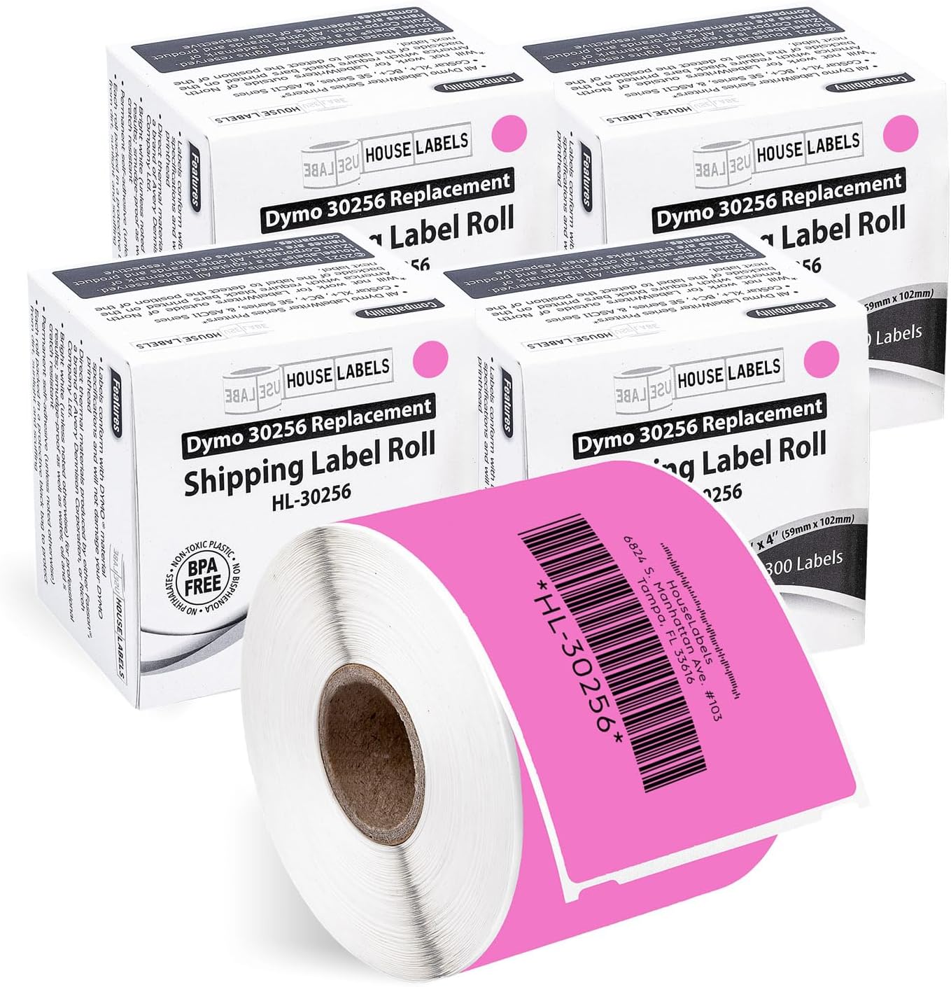 HOUSELABELS Compatible DYMO 30256 Pink Shipping Labels (2-5/16" x 4"), Strong Permanent Adhesive, Compatible with DYMO LW 450, 4XL, Rollo & Zebra Desktop Printers, 4 Rolls /1200 Labels