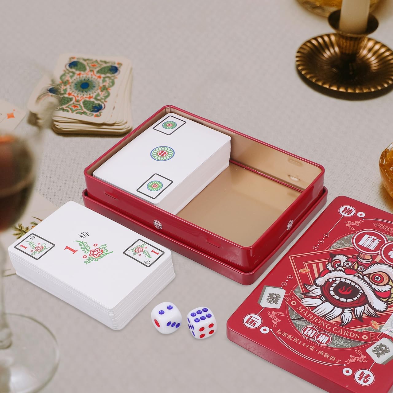 TOYANDONA Mahjong Card Game Chinese Mahjong Cards Set 144pcs Chinese Traditional Mahjong Playing Cards with Dices and Tin Box Small Pocker Mahjong Card for Travel Camping