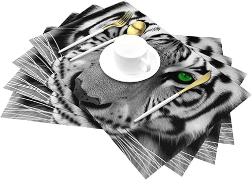 Miniatura 6 de Juego de 6 manteles individuales de PVC en blanco y negro, diseño de tigre con ojos verdes, antideslizantes, 12 x 18 pulgadas, juego de manteles