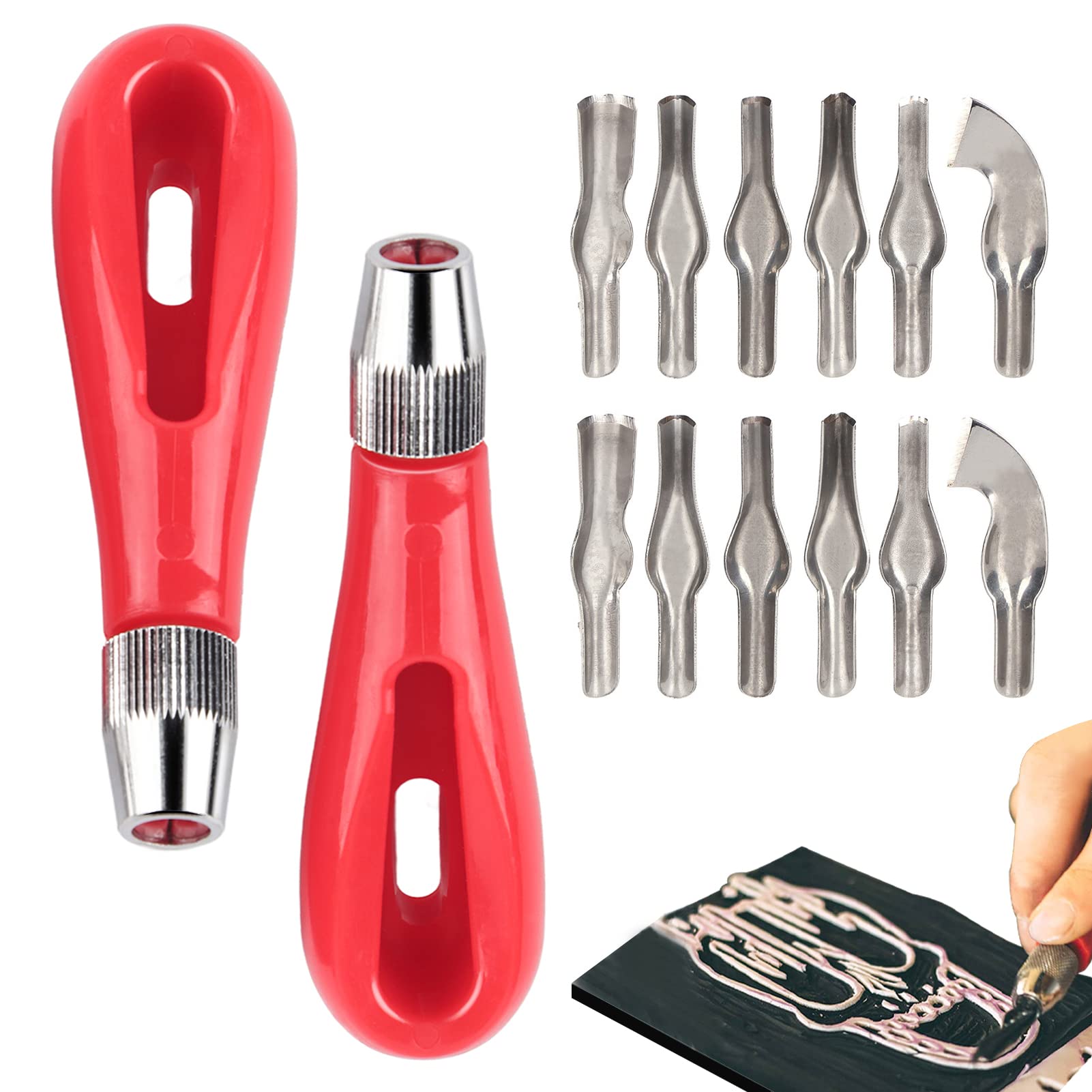 HERCHR 2 Set Linoleum Cutter, Block Cutters Craft Linoleum Carving Tools with 6 Type Blades for Block Printing, Printmaking, Rubber Stamps