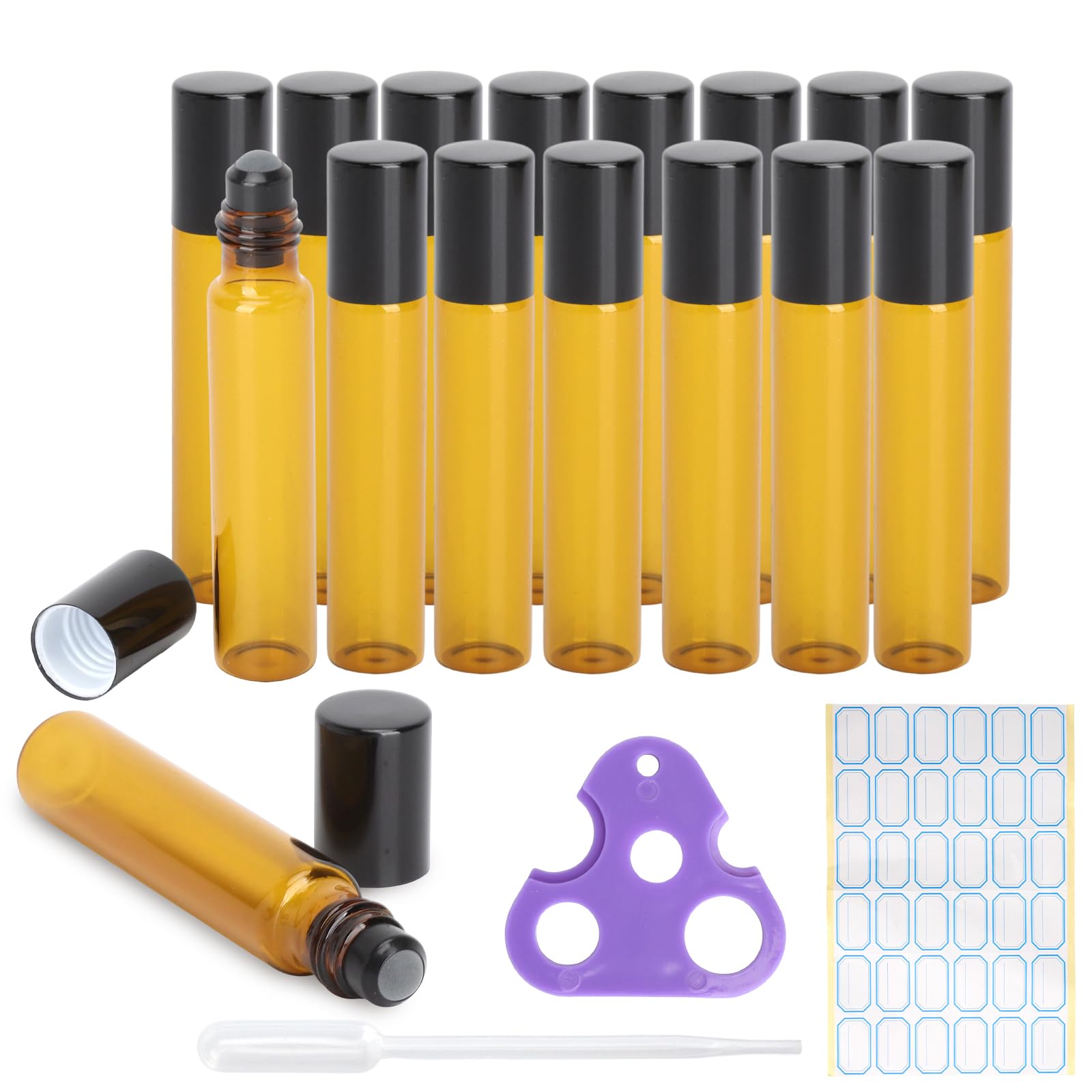 Lot 16 Roll-On Vides 10ml,Flacons en Verre Ambré avec Bouchon Noir + Pipette Ouvre-bouteille et Étiquettes Flacons Rechargeables pour Huiles Essentielles Parfums Cosmétique DIY