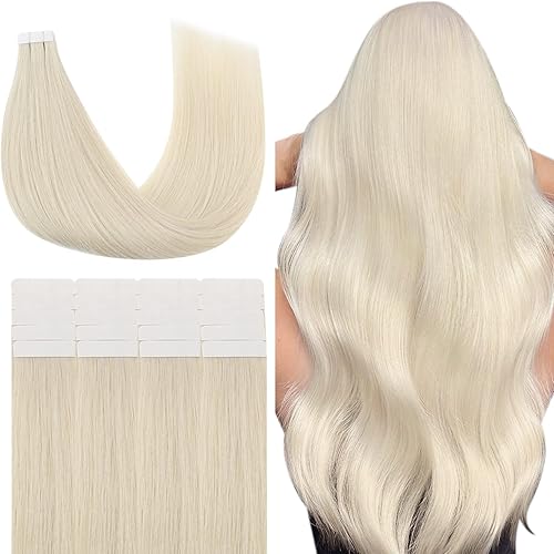 YoungSee White Blonde Tape in Hair Extensions Human Hair Seamless Tape in Hair Extensions Real Human Hair Platinum Blonde Hair Extensions Tape in Human Hair Blonde 18 inch Tape in Blonde 20 Pcs 50G