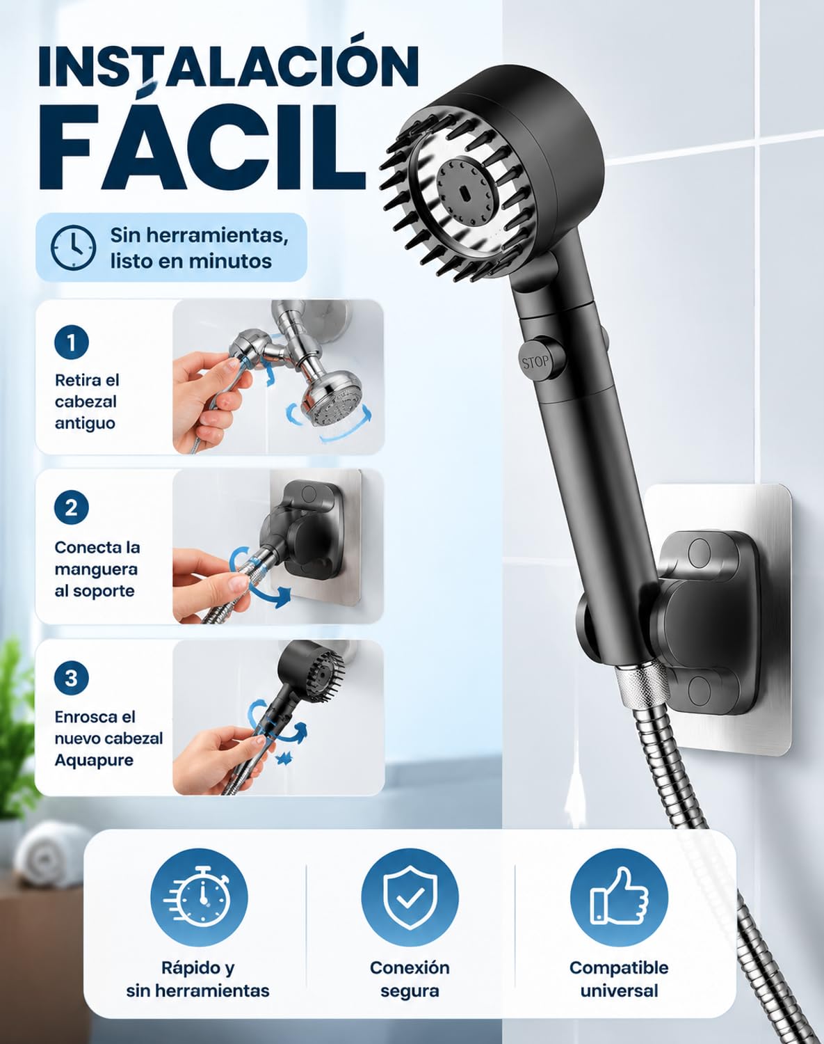 Aquapure Ducha Filtrante con Filtración de 12 Etapas, Cabezal Universal con 4 Modos Ajustables, Aumenta Presión de Agua, Ducha Filtrante para Cuidado Capilar y Cutáneo en Hogar (A, 2 metros)
