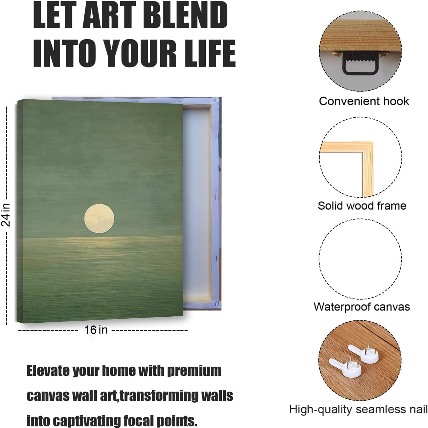 2Pcs Japanese Sage Green Canvas Wall Art Minimalist Moon and Bird Wall Decor Pictures Japanese Landscape Posters Prints for Living Room Bedroom Office Zen Home Decoration 16X24in Ready to Hang