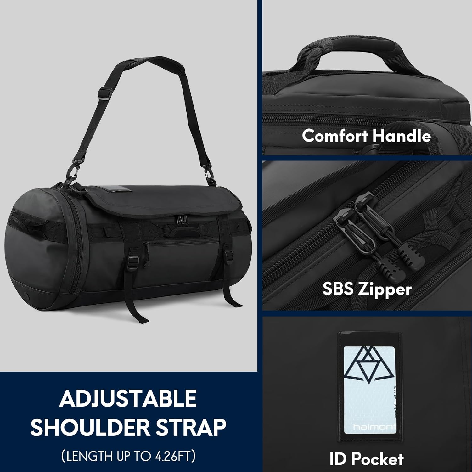 Haimont Duffle Backpack for Men Women, Convertible Travel Duffel Bag Backpack with Shoes Compartment, Heavy Duty Weekender Bags for Sports Gym, Traveling, Camping, Water-resistant, 60L, Black - Image 5