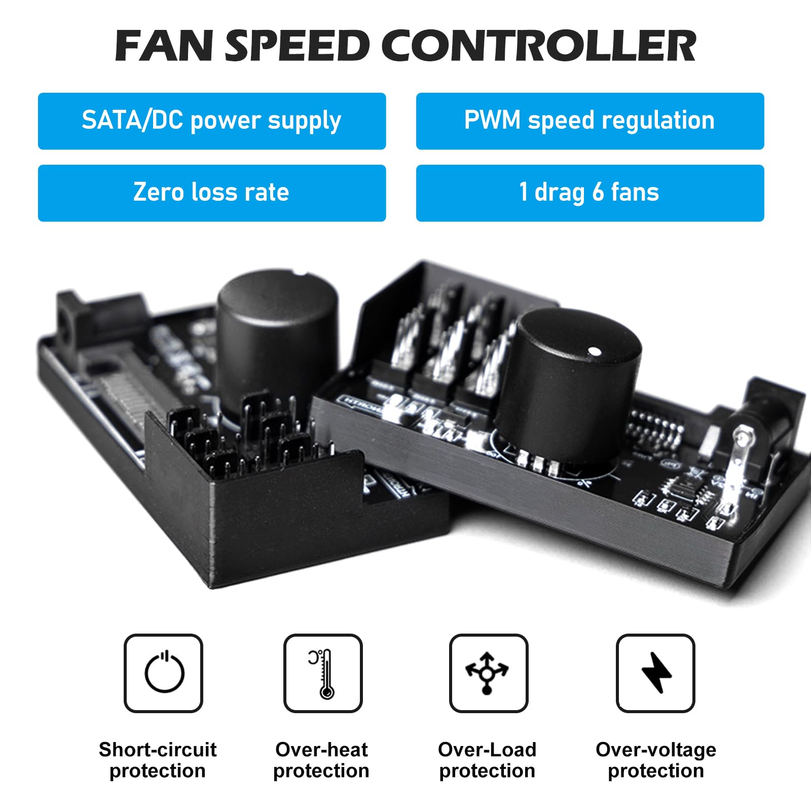 2 controller di velocità della ventola PWM 12 V: 4 poli, hub adattatore ventola per PC con alimentazione tramite SATA e DC 5525, Cooling Fan Speed Knob con uscita massima totale 60 W 5 A