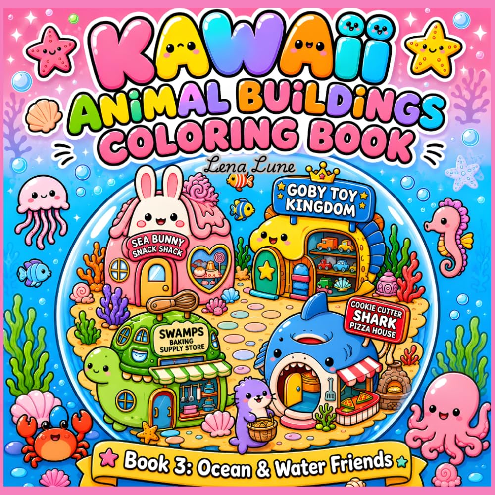 Kawaii Animal Buildings Coloring Book: Book 3: Ocean & Water Friends