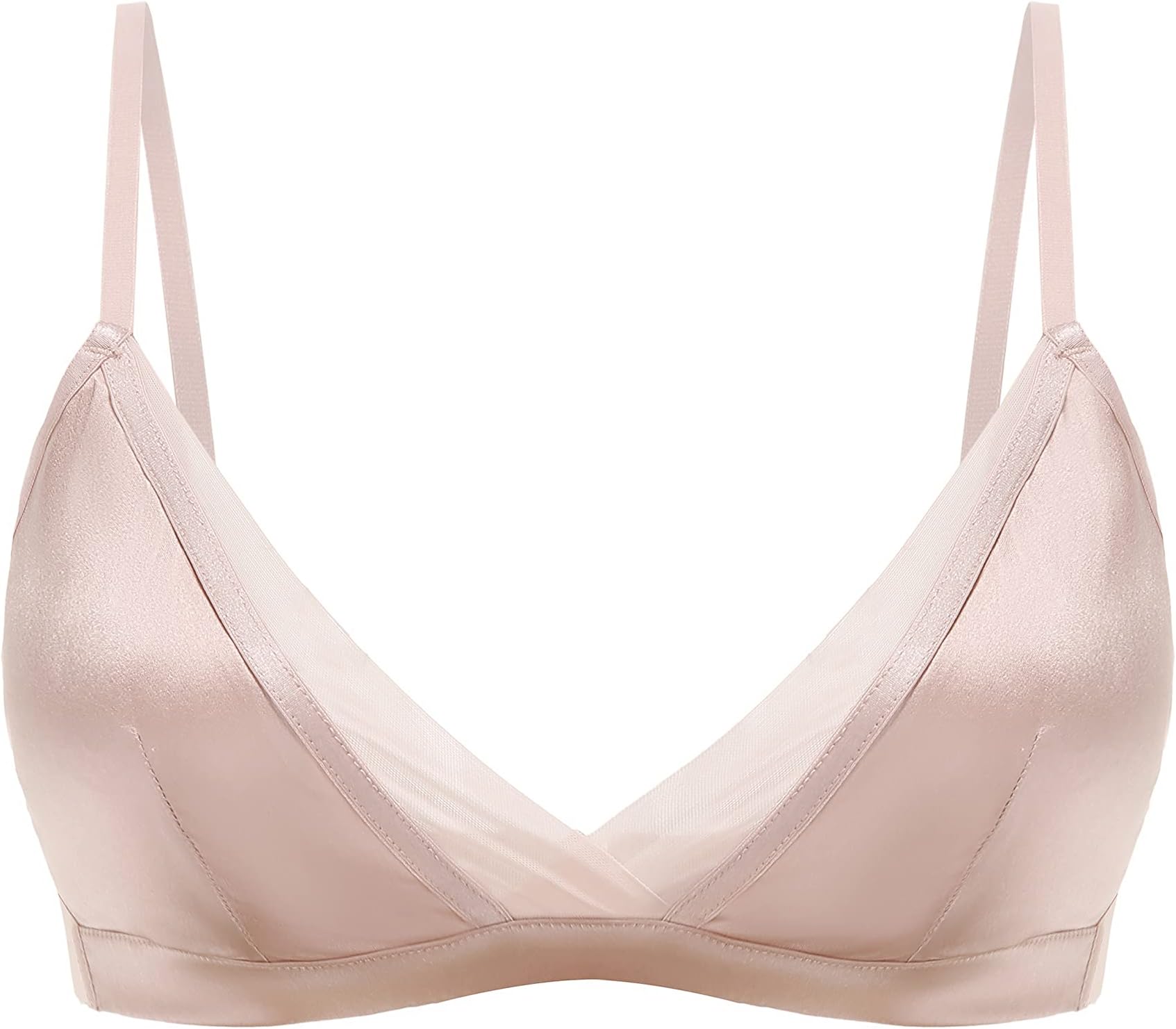 SilRiver Women's Silk Satin Wire-Free Padded Bralette with Soft Silk Cup Bra Top