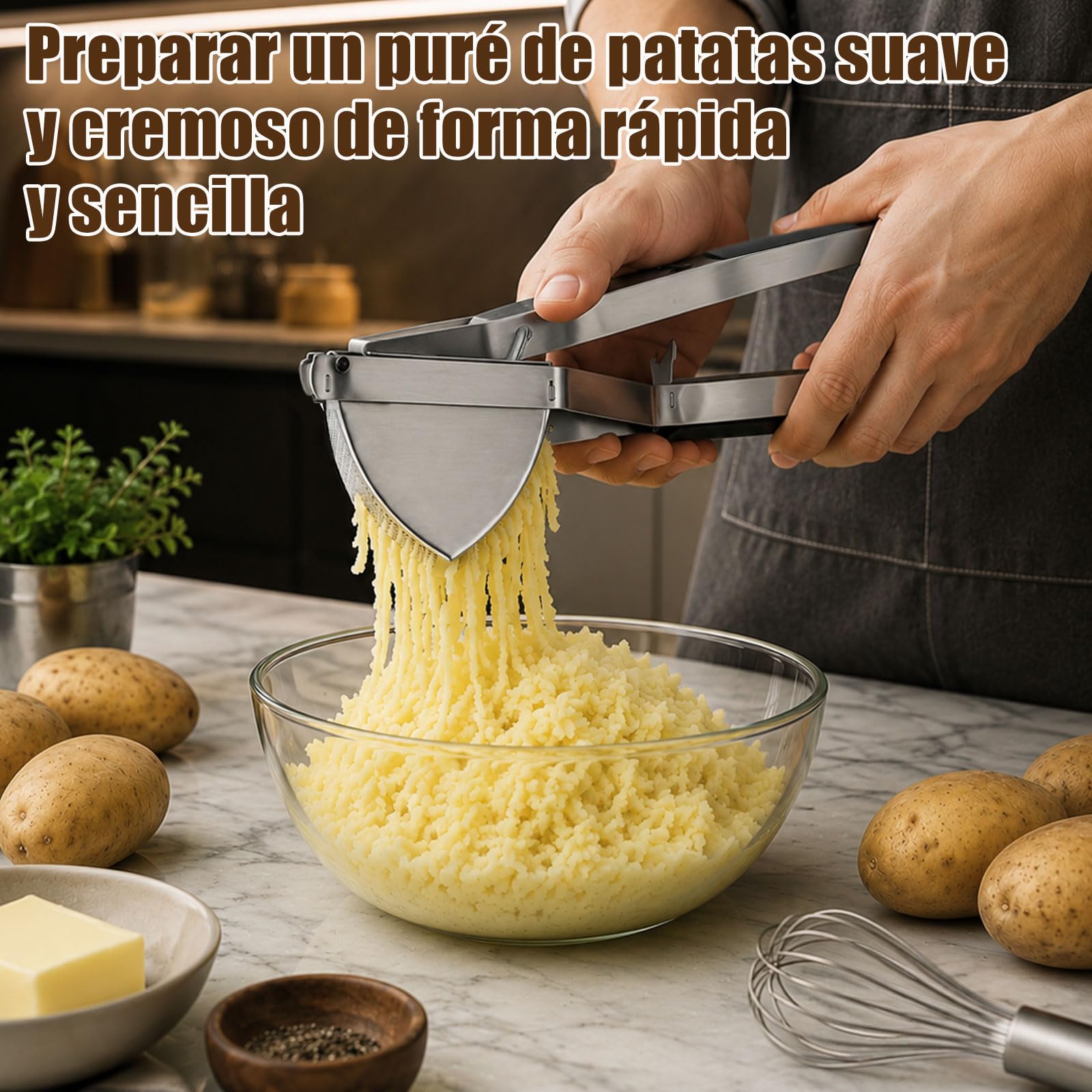 Prensa Patatas de Acero Inoxidable – Pasapures Acero Inoxidable con Capacidad 650ml, incl. Pelador, Cepillo de Limpieza y Espátula de Silicone
