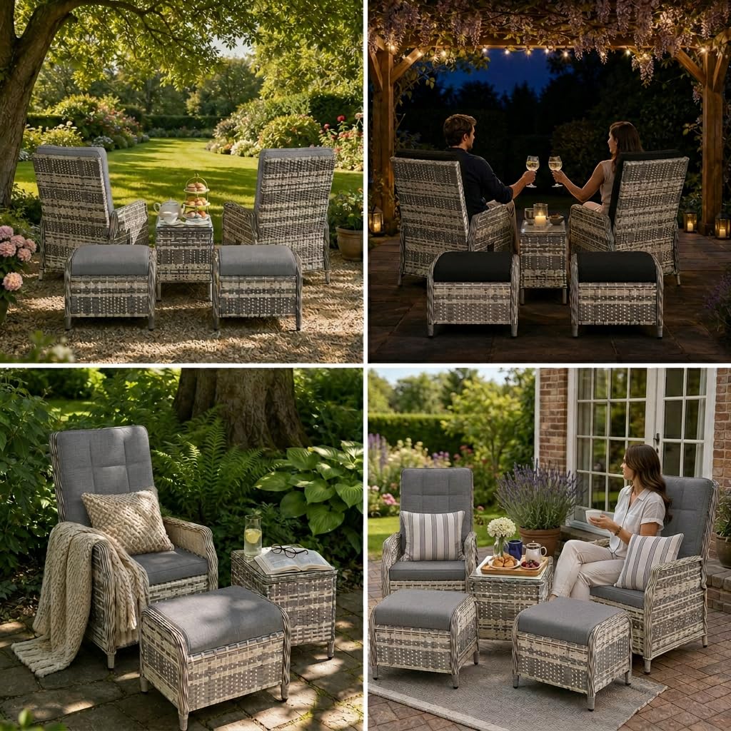 Gotland Rattan Gartenmöbel Set Lounge Möbel Outdoor, Verstellbares 2-Sitzer Terrassen/Balkon möbel Set mit 118° Rückenlehne & Fußhocker, Hochwertige Polster & Glastisch, Gartengarnitur Wetterfest