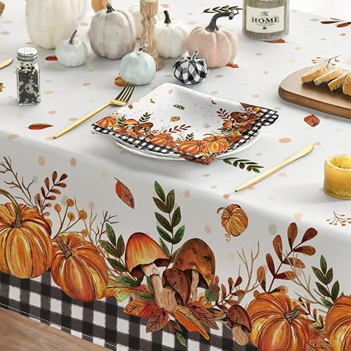 Miniatura 4 de Horaldaily Mantel rectangular de otoño de 52 x 70 pulgadas, para decoración de mesa de fiesta de pícnic, cena y calabaza, champiñones y búfalo negro