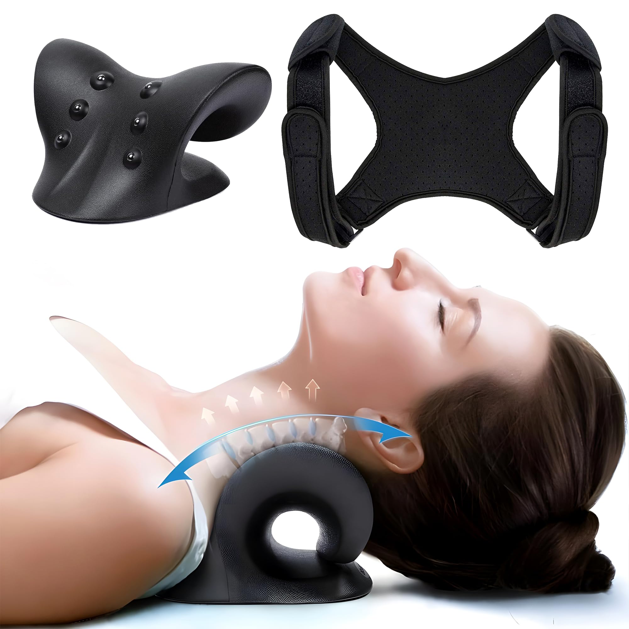 Neck Stretcher and Posture Corrector for Women and Men, Cervical Neck Traction Device for Spine Alignment, Adjustable Upper Back Brace and Elastic Support for Neck Shoulder Back Pain Relief
