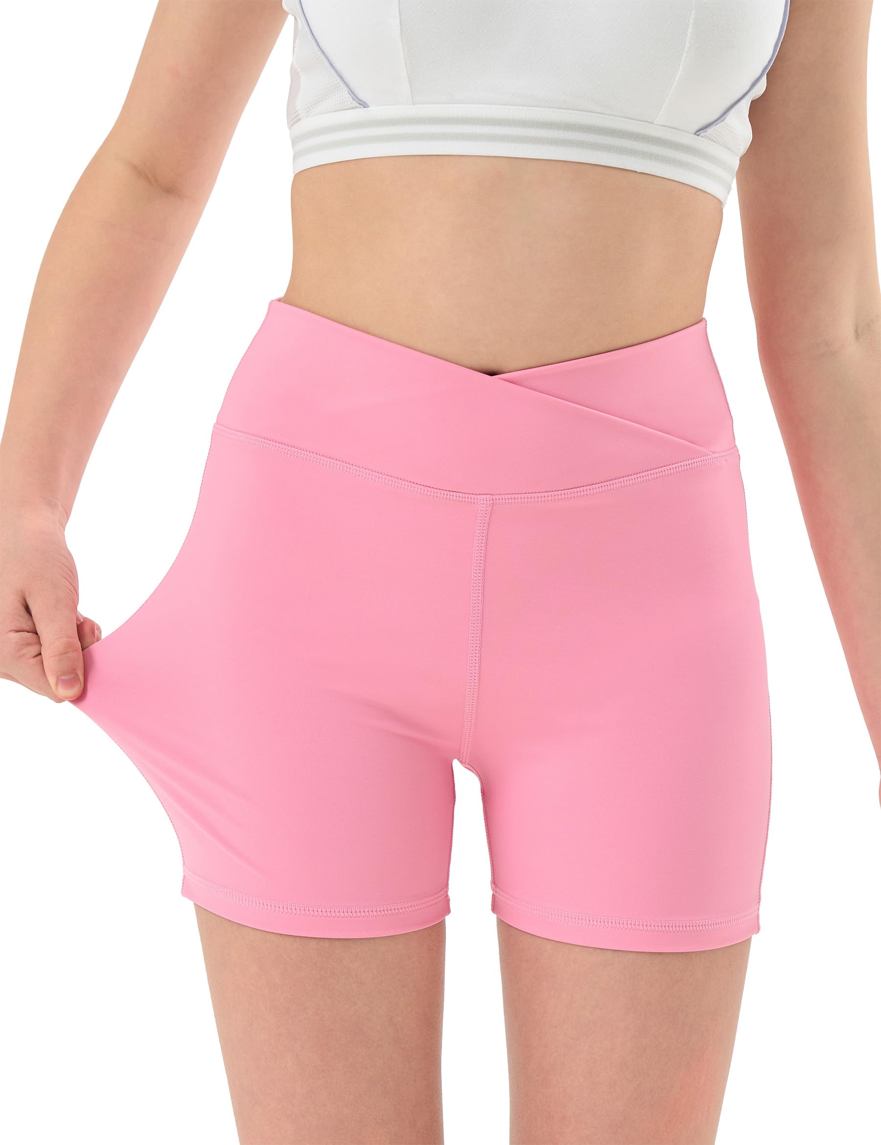 MEJING Girls V Cross Waist Athletic Shorts, Kids Soft Bike Volleyball Yoga Dance Running Cheer Gymnastics Gym Workout Shorts