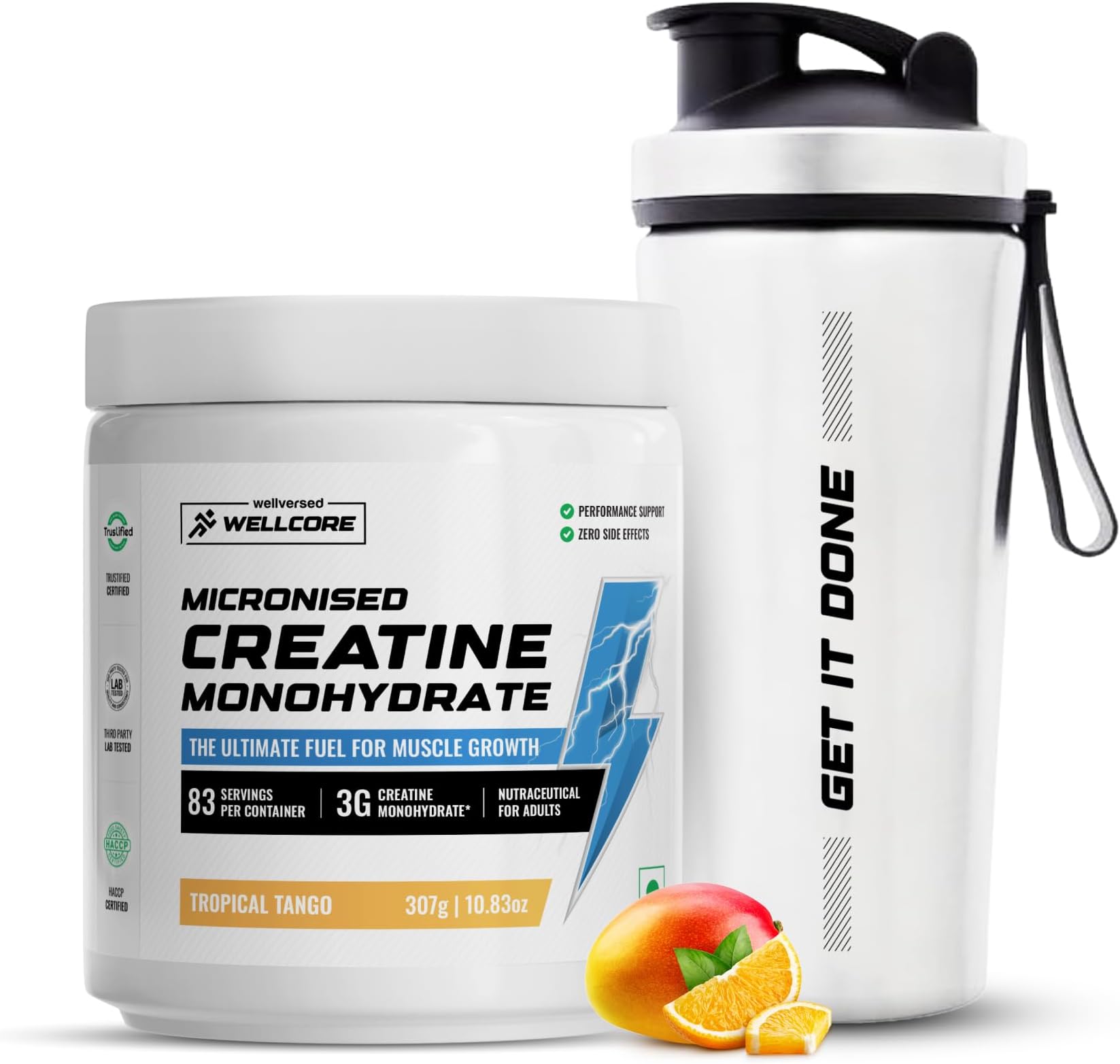 Wellcore Pure Micronised Creatine Powder With Shaker (83 Servings, Tropical Tango) For Enhanced Muscle Strength With Rapid Absorption | Creatine Monohydrate | Wellcore Creatine Flavoured - 307g