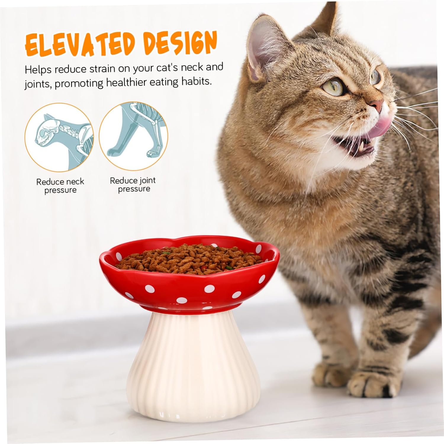 GALPADA Ceramic Elevated Cat Feeding Bowl with Wide Stable Base Shallow Mushroom Shaped Dish for Indoor Cats Tip Resistant Pet Food Bowl for Mess Mealtime Easy to Clean
